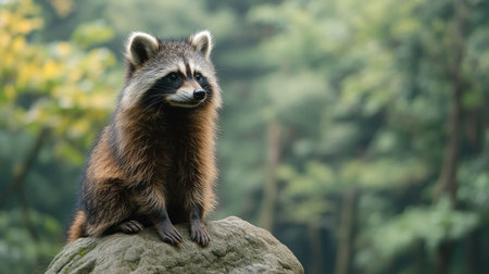 A raccoon dog sitting on a rock in a Japanese forest, with space for copy text above.の素材