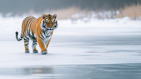 A Siberian tiger walking along a frozen river, leaving room for copy space in the background.の素材