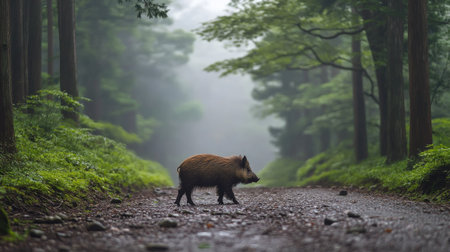 A wild boar crossing a forest path in Japan, leaving room for copy space in the sky.の素材