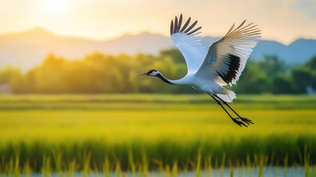 A red-crowned crane flying over a rice paddy, leaving room for copy space in the sky.の素材