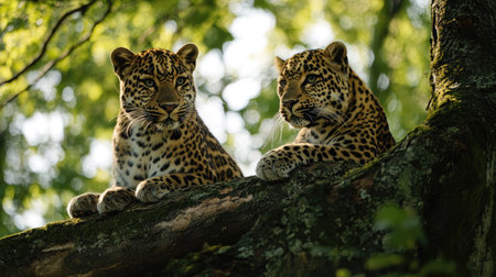 A pair of Amur leopards in a forest, with ample room for copy space in the sky.の素材