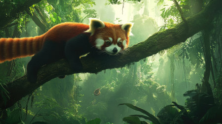 A red panda hanging from a branch, leaving space for copy text in the lush forest.の素材