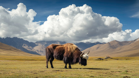 A wild yak grazing near a Tibetan monastery, leaving space for copy text in the sky.の素材