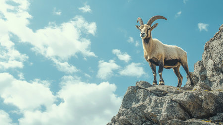 A Siberian ibex standing on a rocky cliff, with ample space for copy text in the sky.の素材
