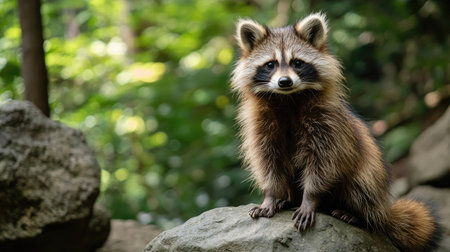A raccoon dog sitting on a rock in a Japanese forest, with space for copy text above.の素材