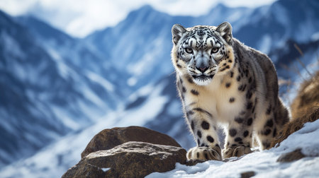 A snow leopard prowling through the Himalayan mountains, with space for copy text.の素材
