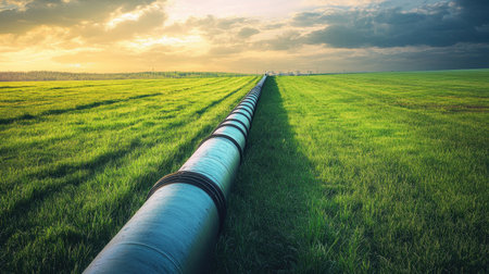 Industrial natural gas pipes running through a green field, plenty of open space for text.の素材