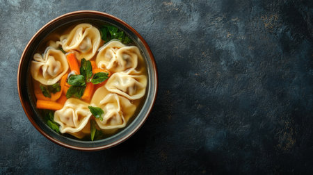 A bowl of wonton soup with vegetables, viewed from above, with ample copy space available.の素材