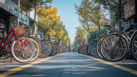 A bicycle lane filled with bikes in a Chinese city, leaving ample copy space in the skyの素材