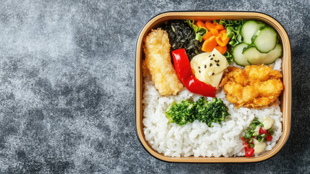 Top view of a bento box filled with rice, tempura, and vegetables, leaving room for copy space.の素材