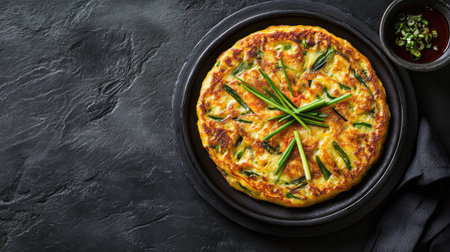Top view of a Korean pancake (pajeon) with scallions, leaving room for copy space.の素材