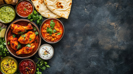 Top view of an Indian feast featuring tandoori chicken, naan, and curries, with ample room for copy space.の素材