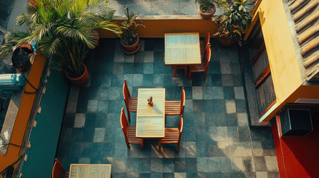 Top view of a South Asian restaurant's rooftop dining area, no people, with space for copy.の素材