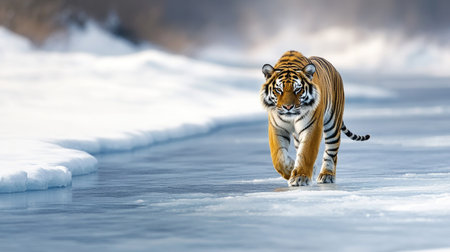 A Siberian tiger walking along a frozen river, leaving room for copy space in the background.の素材