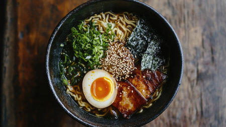 Top view of a bowl of ramen with egg, seaweed, and noodles, garnished with sesame seeds, leaving room for copy space.の素材