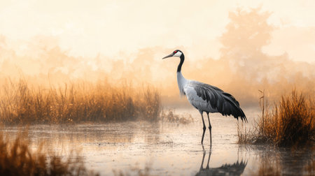 A Manchurian crane standing gracefully in a wetland, with ample copy space above.の素材