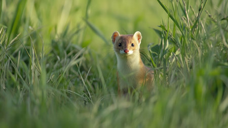 A Japanese weasel darting through tall grass, leaving room for copy space in the landscape.の素材