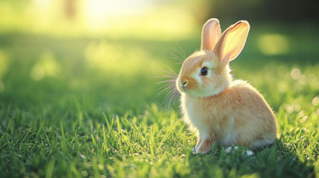 A fluffy bunny sitting on a grassy field, soft focus background with plenty of copy space.の素材