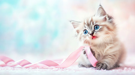 Adorable kitten playing with a ribbon, soft pastel background with ample copy space.の素材