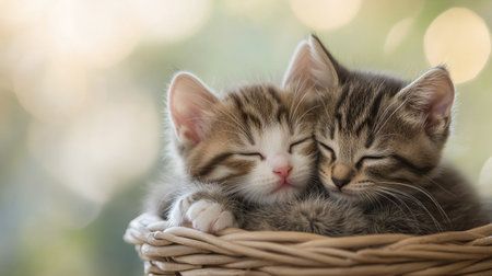 A pair of kittens snuggled together in a basket, soft blurred background with copy space.の素材