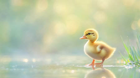 Adorable baby duckling waddling near a pond, soft pastel sky with copy spaceの素材