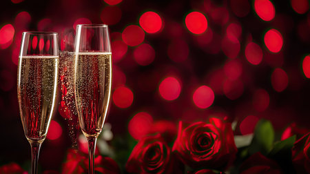 A pair of champagne flutes with red roses in the background, representing romance and celebration. Copy space provided.の素材