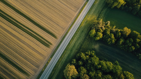 Aerial view of a rural road passing through fields of crops, no cars, large copy space available.の素材