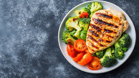 A plate with a portion of grilled chicken and steamed vegetables, top view, representing a healthy weight loss diet. Copy space.の素材