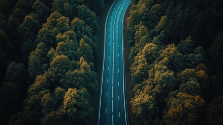 Aerial view of a deserted highway stretching through a forest, wide copy space included.の素材