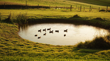 Ducks swimming in a small farm pond, green fields surrounding, no people, with copy space for textの素材