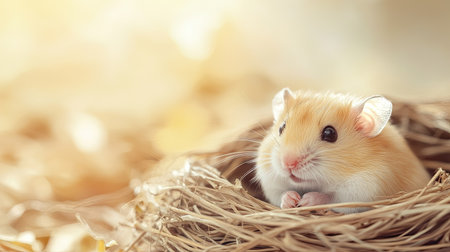 Close-up of a tiny hamster in its nest, gentle background with plenty of copy space for design.の素材