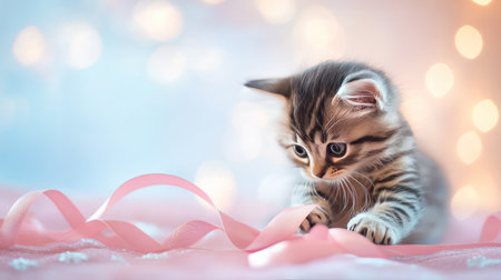 Adorable kitten playing with a ribbon, soft pastel background with ample copy space.の素材