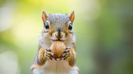 Close-up of a baby squirrel holding a nut, natural background with ample copy space.の素材