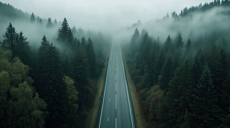 Aerial view of an empty highway through a foggy forest, no cars, with large copy space.の素材