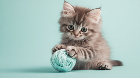Fluffy kitten playing with a yarn ball, pastel background with plenty of copy space.の素材