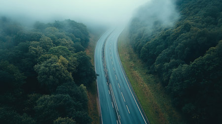 Aerial view of an empty highway through a foggy forest, no cars, with large copy space.の素材