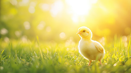 Baby chick standing in the grass, bright sunshine in the background with large copy space.の素材