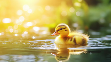 Baby duckling swimming in a small pond, serene background with copy space for text or designの素材