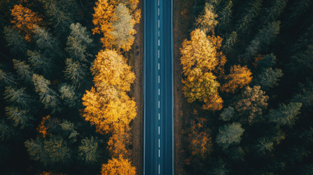 Aerial view of a deserted highway stretching through a forest, wide copy space included.の素材