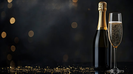 Champagne bottle with two glasses, romantic celebration concept. Elegant setting with copy space.の素材
