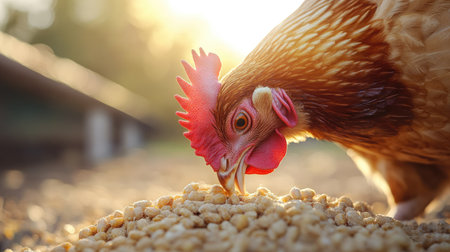 Close-up of chickens pecking grain on a sunny farmyard, no people, large copy space included.の素材