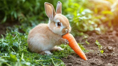 Baby rabbit munching on a carrot, cute scene with wide copy space for text or graphics.の素材