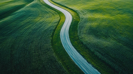 Aerial view of a winding country road cutting through green fields, no cars, with copy space.の素材