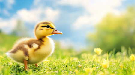 Close-up of a baby duckling standing on a grassy field, bright sky with large copy space for text.の素材