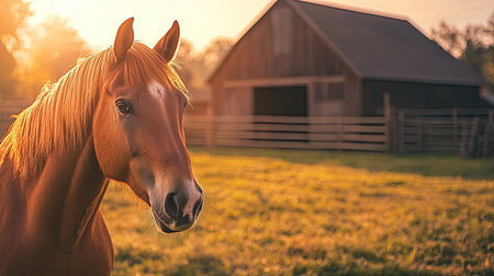 Close-up of a farm horse in a sunlit field, wooden barn in the background, wide copy space for design.の素材