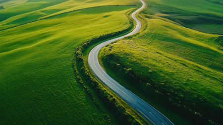 Aerial view of a winding country road cutting through green fields, no cars, with copy space.の素材