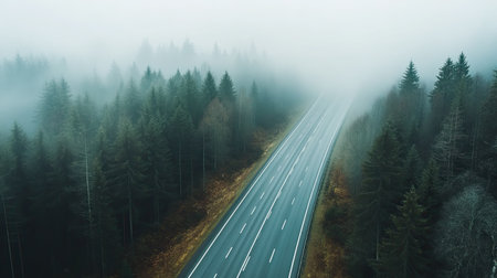 Aerial view of an empty highway through a foggy forest, no cars, with large copy space.の素材