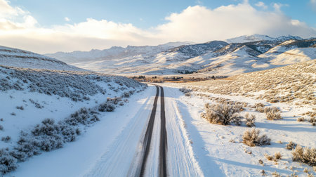 Aerial view of a deserted road through the snow-covered mountains, wide copy space.の素材