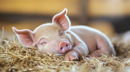 Baby piglet sleeping in hay, farmyard background with ample copy space for text.の素材