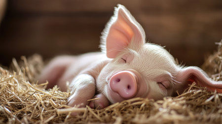 Baby piglet sleeping in hay, farmyard background with ample copy space for text.の素材